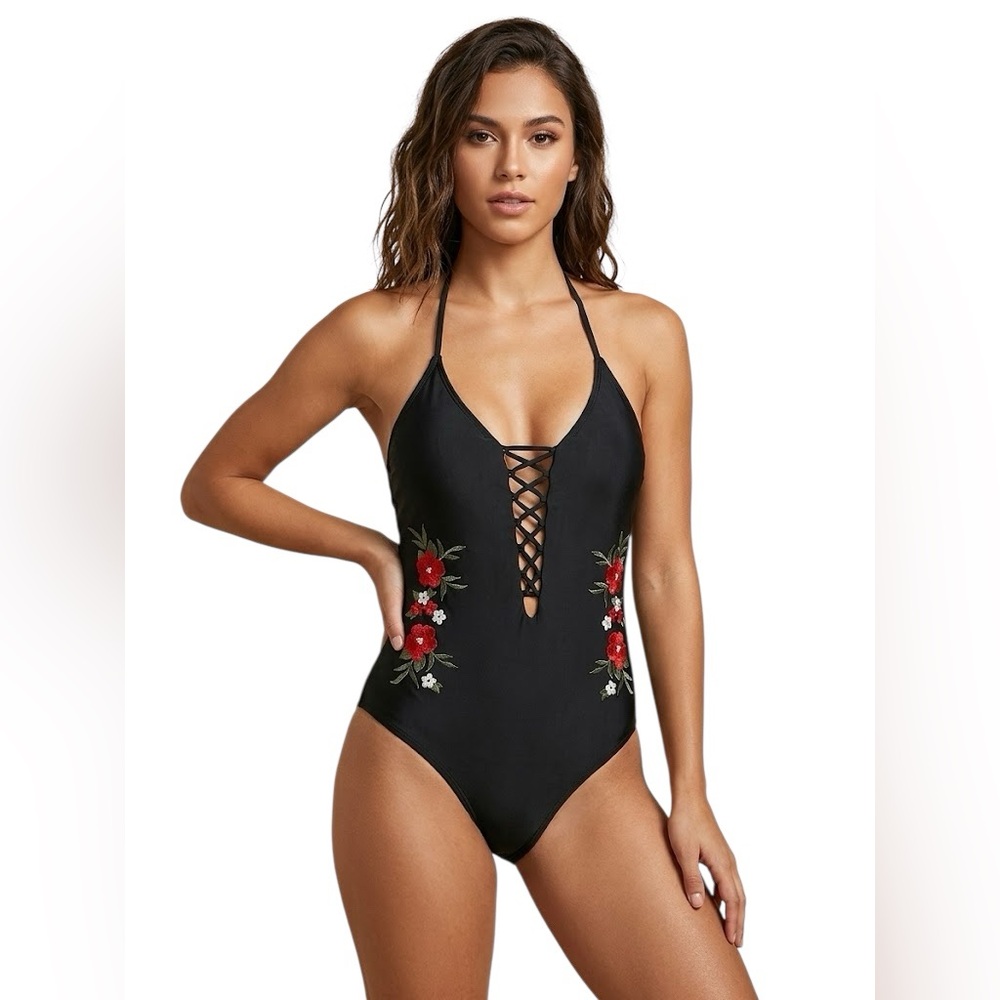 Hollister Black Lace-Up One-Piece with Red Floral Embroidery